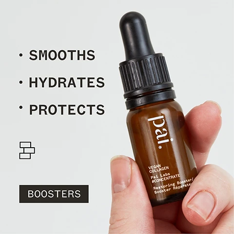 Image 1 - A person holds a brown glass dropper bottle labeled pai with text listing benefits: SMOOTHS, HYDRATES, and PROTECTS, along with the word BOOSTERS at the bottom.
Image 2 - A close-up image of a brown glass bottle of Pai vegan collagen serum with a dropper held above, featuring visible text that includes a customer review and product details, reading absolutely love it it leaves my skin feeling soft and plump Sharan P.