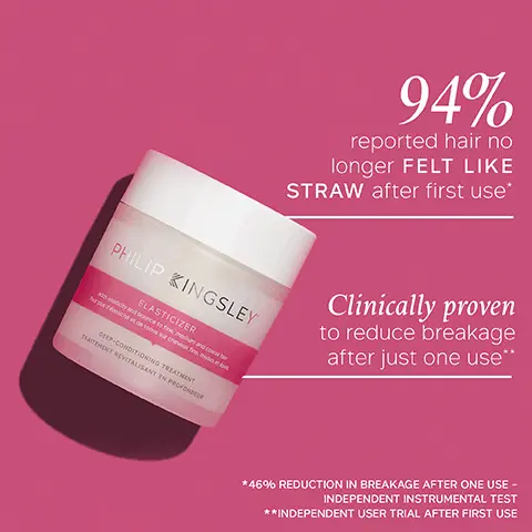 Image 1, 94% reported hair no longer felt like straw after first use. clinically proven to reduce breakage after just one use. *46% reduction in breakage after one user, independent instrumental test. **independent user trial after first use. Image 2, after first use, 9 out of 10 agreed hair felt nourished. *independent user trial results after one use