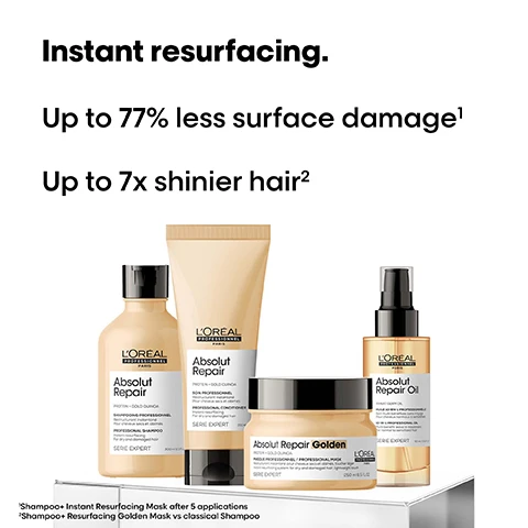 Image 1 - Image shows a collection of LOreal hair care products labeled Absolut Repair, including a bottle, a jar, and an oil, with the text Instant resurfacing. Up to 77% less surface damage Up to 7x shinier hair.
Image 2 - Side-by-side comparison of hair showing a Before section on the left with frizzy hair and an After section on the right with smooth, straight hair, with small boxes highlighting the differences in texture.
Image 3 - Image shows a display of LOréal hair care products arranged from left to right, including bottles labeled Absolut Repair, Absolut Repair Golden, and Absolut Repair Oil, with a background of a creamy product swatch and text that reads The daily anti-damage professional routine.
Image 4 - A golden, glossy droplet resembling oil is centered against a black background, with visible text that reads Wheat protein Strengthens and restores and On the surface Resurfaces and seals the cuticles maintaining hydration.
