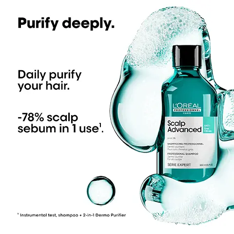 Image 1, Purify deeply. Daily purify your hair. -78% scalp sebum in 1 use'. L'ORÉAL PROFESSIONNEL PARIS Scalp Advanced SHAMPOOING PROFESSIONNEL Prog PROFESSIONAL SHAMPOO SERIE EXPERT 200 'Instrumental test, shampoo + 2-in-1 Dermo Purifier Image 2, Before After Not retouched Image 3, The anti-oiliness professional routine. L'ORÉAL Scalp Advanced Scalp Advanced LOREA SERE EXPERT SERE EXPERT 01 Unclogs residue and deeply purifies. 02 Soft peel to purify. Image 4, How to apply like a pro. 01 Apply shampoo on wet hair. 02 Lather until a rich foam is obtained. 03 Rinse thoroughly. After shampoo, use always with Scalp Advanced Anti-oiliness Clay mask for extra soothing effects. Image 5, <<It worked for me. After about 2-3 months, my oily hair is now in control. Thanks for the great formulation.