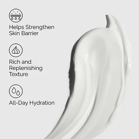 Image 1 - A white cream product is swirled on a light background, with text descriptions reading Helps Strengthen Skin Barrier, Rich and Replenishing Texture, and All-Day Hydration. Image 2 - A persons hand applies a white cream to their dark-skinned cheek, with overlay text that reads Rich Hydration, Barrier Support, Ideal for Dry Skin. Image 3 - A swirled white cream dispenses from a bottle, with text describing Key ingredients in Natural Moisturizing Factors + PhytoCeramides: Natural Moisturizing Factors Urea, amino acids, sugars, and PCA help protect skin against water loss. PhytoCeramides Help to improve the look of skin quality, for a fresher, more plumped appearance. Image 4 - The image displays three The Ordinary skincare products presented as a regimen with the title A hydrating regimen for skin barrier support: PREP features Squalane Cleanser that cleanses skin and removes makeup; TREAT includes Hyaluronic Acid 2% + B5 which hydrates and plumps the skin, and Soothing & Barrier Support Serum that helps repair skin barrier and reduces the look of redness; and SEAL shows Natural Moisturizing Factors + PhytoCeramides, a rich, nourishing moisturizer to strengthen the skin barrier. Image 5 - Three cosmetic swatches, a clear gel on top and two white creams below, are displayed next to text descriptions: Pick Your Moisturizer: Natural Moisturizing Factors + Beta Glucan. Our lightweight gel moisturizer. Natural Moisturizing Factors + HA. Our original surface hydrator. Natural Moisturizing Factors + PhytoCeramides. Our richest most nourishing moisturizer.
