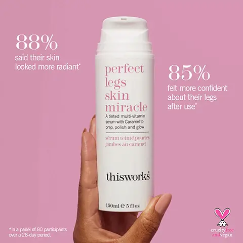 88% said their skin looked more radiant. 85% felt more confident about their legs after use, in a panel of 80 participants over a 28-day period. Cruelty free and vegan. Image 2, After vs before image.
