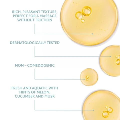 Image 1 - Four golden-yellow liquid drops with bubbles are connected by lines to text on a white background which reads: RICH, PLEASANT TEXTURE, PERFECT FOR A MASSAGE WITHOUT FRICTION; DERMATOLOGICALLY TESTED; NON - COMEDOGENIC; FRESH AND AQUATIC WITH HINTS OF MELON, CUCUMBER AND MUSK. Image 2 - A clear bottle with a white pump top, containing yellow liquid and labeled INSTITUT ESTHEDERM PARIS OSMOCLEAN HUILE DE SOIN DEMAQUILLANTE MICELLAIRE MICELLAR CLEANSING OIL CARE Care first. NAOS 150ml e 5 FL.OZ, is shown with circular drops of the same liquid and accompanying text listing benefits: DEEPLY, BUT GENTLY CLEANSES THE SKIN FROM ALL IMPURITIES, REMOVES WATERPROOF MAKE UP AND UV FILTERS, STRENGTHENS THE SKIN BARRIER, PROLONGS SKINS LONGEVITY ON A CELLULAR LEVEL. Image 3 - A yellow bottle of Institut Esthederm Osmoclean Micellar Cleansing Oil Care with a white pump dispenser is displayed alongside text detailing product benefits: 97% say their skin is nourished, 100% say their skin barrier is preserved, 100% say waterproof make-up is perfectly removed, and 94% say their skin feels soft, with bottle text Institut Esthederm Paris Osmoclean Huile de Soin Démaquillante Micellaire Micellar Cleansing Oil Care 150ml e 5 FL.OZ Care first. NAOS and disclaimer 30 women aged 18 to 60, 100% sensitive skin, all skin types: normal, combination, dry to very dry, self-assessment under dermatological supervision. Image 4 - An array of Institut Esthederm skincare products is displayed on a white surface with water droplets, outlining YOUR SKINS LONGEVITY ROUTINE, featuring 1. PREP products: OSMOCLEAN HUILE DE SOIN DEMAQUILLANTE MICELLAIRE Micellar Cleansing Oil Care, OSMOCLEAN CRÈME DÉLICATE DÉSOXYDANTE Gentle Deep Pore Cleanser, and OSMOCLEAN MASQUE GOMMANT CLARIFIANT Lightening Buffing Mask labeled Osmoclean duo; 2. BOOST product: EAU CELLULAIRE BRUME - MIST Hylo booster effect, antioxidant, energizing; and 3. TREAT products: AGE PROTEOM™ Advanced Serum and INTENSIVE HYALURONIC CRÈME - CREAM. Image 5 - A yellow bottle of Institut Esthederm Osmoclean Micellar Cleansing Oil Care with a white pump dispenser is displayed against a light blue background, surrounded by text that reads: CELLULAR WATER TECHNOLOGY 100% active antioxidant water formulation that ensures long lasting hydration and prolongs skins longevity, JOJOBA OIL Mimics natural sebum formula, PURE AMINO ACIDS SODIUM PCA Boosts the synthesis of filaggrin - a key protein in the skin barrier, and MEADOWFOAM OIL Regenerates skins hydrolipidic film; the bottle itself also has visible text: INSTITUT ESTHEDERM PARIS OSMOCLEAN HUILE DE SOIN DEMAQUILLANTE MICELLAIRE MICELLAR CLEANSING OIL CARE Care first. NAOS 150ml e 5 FL OZ.