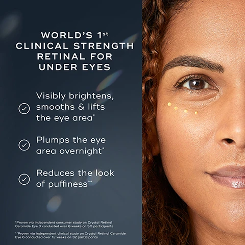Image 1 - Close-up of a womans face with curly hair showing a small amount of golden product under her right eye, accompanied by text stating WORLDS 1st CLINICAL STRENGTH RETINAL FOR UNDER EYES, followed by benefits including visibly brightens, smooths & lifts the eye area, plumps the eye area overnight, and reduces the look of puffiness, along with study references.
Image 2 - The image shows a comparison of an eye area before and after using a skincare product, with visible text indicating BEFORE on the left and AFTER 1 USE on the right, along with 94% and the text showed a clinical improvement to the look of wrinkles around the eyes with just 1 use at the bottom.
Image 3 - Image shows three tubes of a skincare product labeled with varying strengths of retinol along with corresponding swatches of cream: Strength 10 (0.10% retinoldehyde) for advanced vitamin A users, Strength 6 (0.06% retinoldehyde) for regular vitamin A users, and Strength 3 (0.03% retinoldehyde) for new vitamin A users.
Image 4 - Image showing four skincare products arranged horizontally with text labels: a cleanser titled Medik8 Super Cleanse, a toner named Medik8 Press & Glow, a Vitamin A product, and an Eyes cream; additional text below states EXPERT ADVICE: Always use a sunscreen the morning after using vitamin A products.