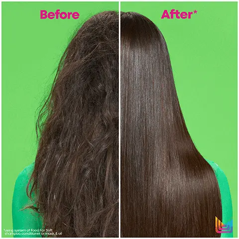 Image 1 - A split image shows two hairstyles side by side; the left side displays a person with frizzy hair labeled Before in pink text, and the right side shows the same person with smooth, shiny hair labeled After in pink text, against a bright green background. Visible text at the bottom reads Using system of Food For Soft, shampoo, conditioner or mask, & all.
Image 2 - Image showing a side-by-side comparison of hair with the left side labeled Before displaying frizzy, unkempt hair and the right side labeled After* showing defined, well-maintained curls, with text at the bottom stating Using system of Food For Soft: shampoo, conditioner or mask & oil.
Image 3 - A side-by-side comparison of a person with blonde hair before and after using a hair product, with the words Before in pink on the left side and After* in pink on the right side, against a bright green background.
Image 4 - A bright green bottle of Matrix hair product is displayed on a light background, highlighting its benefits which include 7x more moisture, infusion with avocado oil and hyaluronic acid, and leaving hair soft and hydrated.
Image 5 - A creamy, white hair product is spread on a green background, featuring visible text that reads 7x More Hydration*, 72 Hours Of Softness*, and For All Dry Hair, along with a note about using the system of Food for Soft shampoo, conditioner or mask & oil.
Image 6 - Image shows three hair care products from the Matrix Food for Soft line against a bright green background, labeled with Cleanse, Hydrate, and Seal, and features the product names: Hydrating Shampoo, Detangling Hydrating Conditioner, and Multi-Use Hair Oil Serum.
Image 7 - An arrangement of three hair care products from Matrix is displayed on a green surface, surrounded by sliced avocados, with visible text that reads Hyaluronic Acid Attracts Moisture and Avocado Oil Locks In Moisture.
