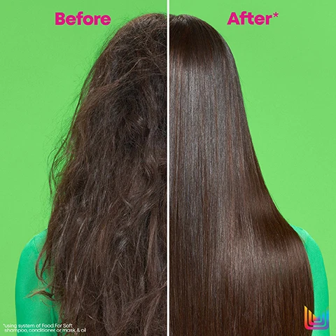 Image 1 - A split image shows the left side with frizzy hair labeled Before and the right side with sleek, straight hair labeled After, on a bright green background, with small text indicating the results are from using a hair care system.
Image 2 - Image showing two side-by-side comparisons of hair: the left displays frizzy, unkempt hair labeled Before, while the right shows neatly styled, defined curls labeled After* with a bright green background, and includes a note at the bottom about the product system used.
Image 3 - Image split into two halves showing a side profile of a person with short, textured, blonde hair; the left side labeled Before and the right side labeled After* with a bright green background, accompanied by text at the bottom noting system of Food For Soft shampoo, conditioner, or mask, and an abstract colorful logo.
Image 4 - Three hair care products from Matrix are displayed on a vibrant green background, surrounded by sliced avocados, with labels that read Hyaluronic Acid Attracts Moisture and Avocado Oil Locks In Moisture.
Image 5 - A close-up image of a creamy white hair product against a bright green background, featuring text that reads 7x More Hydration*, 72 Hours Of Softness*, and For All Dry Hair, with a note about using the system of Food For Soft shampoo, conditioner or mask & oil.
Image 6 - A creamy hair product is shown against a bright green background, with text that reads 7x More Hydration*, 72 Hours Of Softness*, and For All Dry Hair.
Image 7 - Image of three hair care products on a bright green background, featuring a black bottle labeled Hydrating Shampoo, a green bottle labeled Detangling Hydrating Conditioner, and a small dropper bottle labeled Multi-Use Hair Oil Serum, with the text Food For Soft Professional Hydrating System at the top and sections labeled Cleanse, Hydrate, and Seal.
Image 8 - A hand holding a green bottle of Matrix Food for Soft conditioner with visible text stating 7x More Moisture, Infused with avocado oil + hyaluronic acid, and Leaves hair feeling soft + hydrated.
Image 9 - A hand holding a green shampoo bottle labeled matrix Food For Soft with text stating 7x More Moisture*, Infused with avocado oil + hyaluronic acid, Leaves hair feeling soft + hydrated.