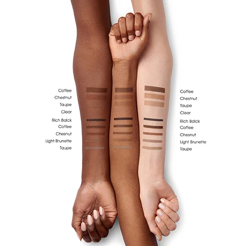 Image 1, swatches of - coffee, chestnut, taupre, clear, rich black, light brunette on three different skin tones. image 2, mineralist micro defining brow pencil in coffee. strength and length brow gel in clear. image 3, the latest and greatest. glides on easily with instant color payoff. 1.3mm self sharpening mirco tear drop tip for precise, hair like strokes. replenishing natural ingredients and eco conscious wood pencil. image 4, argan oil rich in antioxidants, fatty acids and vitamin e to condition and nourish brow hairs. vitamin b5, moisturises, strengthens and nourishes for healthier smoother looking brows.