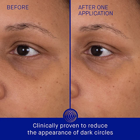 Image 1 - Image shows two close-up views of a womans eye area, with the left side labeled BEFORE and the right side labeled AFTER ONE APPLICATION, indicating a noticeable reduction in dark circles after treatment; there is text at the bottom saying Clinically proven to reduce the appearance of dark circles.
Image 2 - Image showing a side-by-side comparison of a womans face before and after using a skincare product, with text indicating BEFORE on the left and AFTER ONE APPLICATION on the right, along with the note Clinically proven to improve hydration and reduce the appearance of fine lines at the bottom.
Image 3 - Image shows two curved, copper-colored patches on a smooth, warm-toned background with visible text that states Clinically Proven Results, Eye area appears over 2x more luminous, Skin hydration is improved by 2.45x, The appearance of fine lines and wrinkles is reduced by 71%, and a note about a clinical trial.
Image 4 - An image of a light orange overlay design with curved shapes in the center, featuring text that describes key ingredients: TFC8® - A proprietary technology that creates the optimal environment for skin cellular renewal, Allantoin - Softens, soothes, and boosts radiance, Acetylated Hyaluronic Acid - Deeply hydrates and plumps under eye skin, and Fermented Polysaccharide - Brightens and helps reduce appearance of fine lines and wrinkles.
Image 5 - An illustration of a skincare routine for deeply hydrated skin, featuring four steps: 1. Cleanse with The Cream Cleansing Gel, 2. Refresh & Smooth with The Eye Patches, 3. Correct & Illuminate with The Serum, and 4. Hydrate & Renew with The Rich Cream or The Ultimate Soothing Cream or The Face Oil.