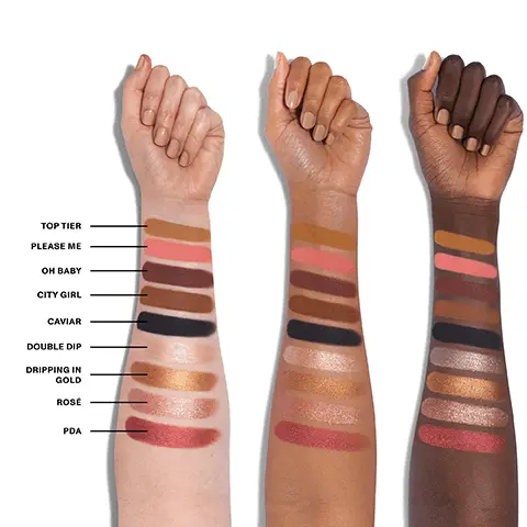 Image 1, TOP TIER PLEASE ME OH BABY CITY GIRL CAVIAR DOUBLE DIP DRIPPING IN GOLD ROSÉ PDA. Image 2, ROSÉ
Smoke out looks PLEASE ME Build your base or deepen creases PDA Amp up lids or sweep over cheeks TOP TIER Build your base OH BABY Deepen creases DRIPPING IN GOLD Highlight lids, browbones & cheekbones Morphe X Meredith Duxbury Power Multi-Effects Palette