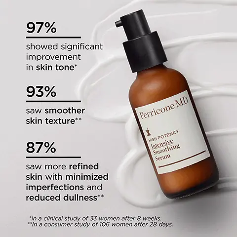 97% showed significant improvement in skin tone. 93% saw smoother skin texture. 87% saw more refined skin with minimized imperfections and reduced dullness. In a clinical study of 33 women after 8 weeks. In a consumer study of 106 women after 28 days. Ceramides moisturizes & protects. DMAE firms & plumps. Niacinamide minimizes uneven texture & tone.
