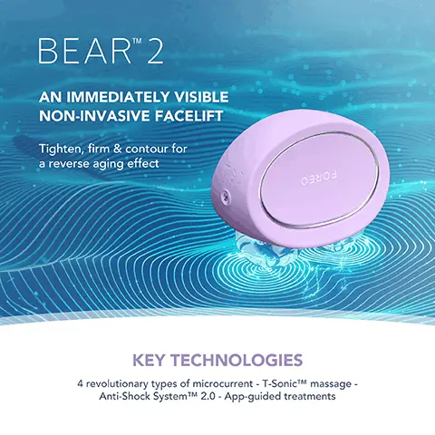 Image 1, BEAR 2 AN IMMEDIATELY VISIBLE NON-INVASIVE FACELIFT Tighten, firm & contour for a reverse aging effect Озго KEY TECHNOLOGIES 4 revolutionary types of microcurrent - T-SonicTM massage- Anti-Shock SystemTM 2.0 - App-guided treatments Image 2, MICROCURRENT FACIAL DEVICE REDUCE WRINKLES. IMPROVE FIRMNESS. REAL RESULTS IN 1 WEEK. *Based on 30-day clinical testing on 40 female subjects, aged 25 to 55. FORTE FORE CHA RUM CRUN CRUN 20- cen Image 3, CLINICAL RESULTS 95% of consumers reported younger skin & lifted cheekbones 93% of consumers reported brighter, healthier & plumper skin 93% of consumers reported less puffiness and sagging *Based on 30-day clinical testing on 40 female subjects, aged 25 to 55. Image 4, Before After Image 5, AFTER BEFORE 0000 Clinically proven to significantly improve deep wrinkles & fine lines. Clinically proven to significantly improve skin firmness & elasticity. AFTER BEFORE Image 6, BEAR 2 VS. Other Microcurrent Device MICROCURRENT POWER Up to 680 uA 10 adjustable intensities TYPES OF MICROCURRENT ANTI-SHOCK SYSTEMTMM 4 types of microcurrent T-SONICTM MASSAGE NO. OF USES PER FULL CHARGE 100% WATERPROOF Up to 425 uA 5 adjustable intensities 1 type of microcurrent Up to 300 mins of use Up to 280 mins of use