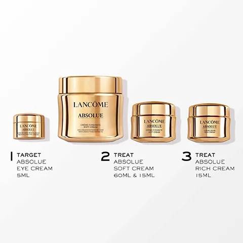 1 Target, Absolue Eye Cream 5ml, 2 Treat, Absolue Soft Cream 60ml and 15ml, 3 Treat Absolue Rich Cream 15ml