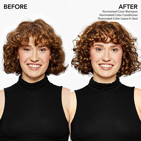 Image 1 - A woman with curly hair is shown smiling, with a BEFORE label on the left and an AFTER label on the right, with the right side showcasing her hair refreshed and vibrant, along with the text: Illuminated Color Shampoo, Illuminated Color Conditioner, Illuminated Color Leave-In Seal.
Image 2 - Two tubes of Bumble and bumble Illuminated Color Leave-In Seal, labeled Light and Rich, against a gradient blue background with the text 12 WEEKS OF COLOR FADE FIGHTING POWER prominently displayed.
Image 3 - Image shows a graphic titled ILLUMINATED COLOR HOW IT WORKS with three sections: the first describes PRO COLORSHIELD TECHNOLOGY that forms a protective shield, the second details KUKUI SEED OIL for moisturizing and shine, and the third states BALANCES HAIRS pH to seal the cuticle for color protection.
Image 4 - Image of two tubes of Bumble and bumble Leave-In Seal products, one labeled Light and the other Rich, both highlighting benefits such as adds shine, color vibrancy, heat protective, hydrates, reduces frizz, prevents color fading, prevents split ends, oil-infused, and smoothes, with text in English and French.
Image 5 - Image shows a colorful gradient background with five hair care products arranged in a line, labeled in order of use from left to right: 01 Shampoo, 02 Conditioner, 03 1-Minute Vibrancy Treatment, 04 Leave-In Seal Light/Rich, and 05 Bb. Primer or Styler.