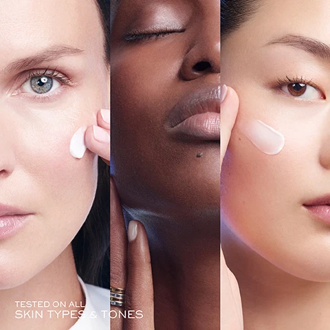 Image 1 - Three women of diverse skin tones are applying a skincare product to their faces, with the text underneath reading TESTED ON ALL SKIN TYPES & TONES.
Image 2 - Three skincare products are displayed: a purple bottle labeled Lancôme Rénergie H.C.F. Triple Serum, a jar labeled Rénergie Yeux with Hyaluronic Acid, and a jar labeled Lancôme Rénergie H.P.N. 300-Peptide Cream, accompanied by the numbered headings 1. Correct, 2. Target Eye Contours, and 3. Regenerate.
