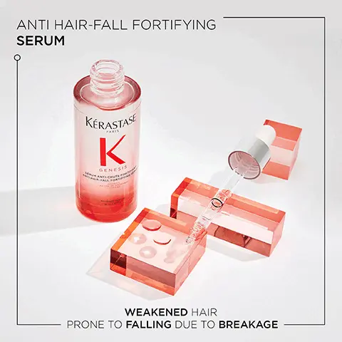 Image 1, anti hair fall fortifying serum weakened hair prone to falling due to breakage. Image 2, LESS HAIR FALL OVE TO BREAKAGE STRUMENTAL TEST ON BAN FORTANT MASQUE RECONSTITUANT SEAU ANTICHUTE FORTIFIANT ROLES CURE AND CHUTE FORTIFIANTES
GENESIS 84% LESS HAIR FALL DUE TO BREAKAGE* MORE FIBRE STRENGTH* MORE HAIR RESILIENCE*. Image 3, GENESIS HOVIG ETOYAN Global Professional Ambassador It's so common for my clients to experience hair fall from breakage or thinning hair. Genesis addresses both causes of hair fall with its conbination of ginger root and edelveiss native cells. Image 4, Ginger Root, edelweiss native cells, aminexil