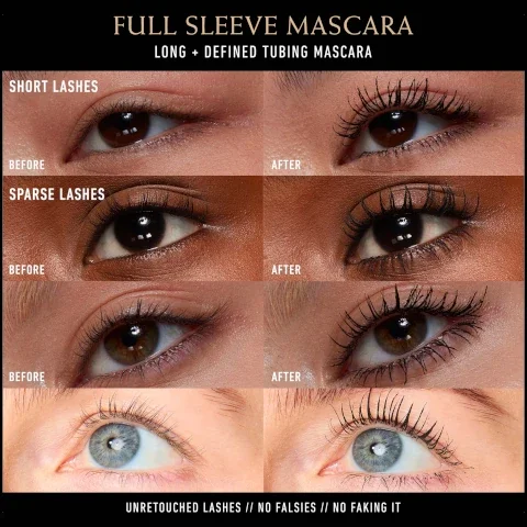 full sleeve mascara. long and defined tubing mascara. short lashes before and after. sparse lashes before and after. unretouched lashes, no falsies, no faking it