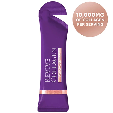 Image 1 - A purple sachet of Revive Collagen Menopause Max is shown, with a circular graphic stating 10,000MG OF COLLAGEN PER SERVING. Image 2 - A purple background displays a list of Revive Collagen Menopause Max ingredients and their benefits, including 10,000mg Marine Collagen, Lutein, Reishi Mushroom, Chicory Root, Pinebark Extract, Retinol, Selenium, Zinc, Folic Acid, Vitamin B6 & B12, Vitamin C & D, and Vitamin K, with a Coconut & Pineapple flavour, while a purple sachet of Revive Collagen Menopause Max rests on a surface with an orange liquid spill and a single capsule. Image 3 - A side-by-side comparison shows a woman with blonde hair smiling on the left and the same woman with grey hair smiling on the right, labeled BEFORE and AFTER. Image 4 - An image compares a purple sachet with Revive Collagen Enhanced Plus text on the left, labeled x1 Revive Collagen Sachet 90% to 95% Absorption Rate, to a pile of white pills on the right, labeled x20 Collagen Tablet 30% to 40% Absorption Rate, with an equals sign between them. Image 5 - An infographic shows how collagen levels in the body decrease with age and how skin changes, with a bar graph titled Collagen Levels In The Body (%) showing collagen levels declining from 80% at age 30 to 20% at age 60, alongside three skin cross-section illustrations labeled 35 Years, 45 Years, and 55 Years demonstrating reduced Hyaluronic Acid, Collagen, and Elastin with increasing wrinkles, and text reading How Collagen Impacts Our Skin During Menopause, Age, We lose an extra 30% of our collagen during the first five years of menopause, Our Skin As We Age. Image 6 - A purple sachet of Revive Collagen Menopause Max lies on a pink surface, flanked by two award badges reading CEW UK Beauty Award Winner 2024 and Global Beauty & Wellness Awards GBWA 2023 Best Menopause Supplement Special Award.