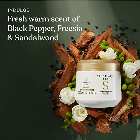 Image 1, INDULGE Fresh warm scent of Black Pepper, Freesia & Sandalwood Sond&Salt Sove SANCTUARY SPA 300g €10.14 oz US Golden Sand Image 2,  Made With SAND SALT SHEA BUTTER