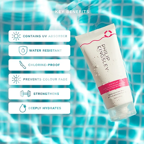 Image 1 - A tube of Philip Kingsley Swimcap product sits on a background of blurry blue pool tiles, with six labels listing benefits next to it showing KEY BENEFITS CONTAINS UV ABSORBER WATER RESISTANT CHLORINE-PROOF PREVENTS COLOUR FADE STRENGTHENS DEEPLY HYDRATES PHILIP KINGSLEY SWIMCAP Shields hair from chlorinated and salt water Protège les cheveux des dégâts deau - WATER RESISTANT MASK - MASQUE RÉSISTANT À LEAU 200ml 6.76 fl oz. Image 2 - Image showing a swipe of product on a blue background with text listing key ingredients: KEY INGREDIENTS HYDROLYZED ELASTIN Increases elasticity without weighing hair down. CASTOR OIL Helps to lock in moisture. OLIVE OIL Makes hair look shiny and healthy. Image 3 - The image shows a white tube of Philip Kingsley Swimcap Water Resistant Mask on blonde hair with instructions HOW TO USE 1. Dampen hair with fresh water from the tap or shower. 2. Apply in sections and comb through. 3. Leave on your hair while sunbathing and swimming to guard against sun and water damage. 4. To remove, rinse well then double shampoo. The tube is labeled PHILIP KINGSLEY SWIMCAP Shields hair from chlorinated and salt water Protège les cheveux des dégâts deau WATER RESISTANT MASK MASQUE RÉSISTANT À LEAU 200ml 6.76 fl oz. Image 4 - A hand holds a tube of Philip Kingsley Swimcap Water Resistant Mask against a blue sky, with the text 92% reported hair felt PROTECTED during use* 94% reported hair was NOT DRIED OUT BY SUN OR WATER* *INDEPENDENT USER TRIALS on the left and PHILIP KINGSLEY® SWIMCAP Shields hair from chlorinated and salt water Protège les cheveux des dégâts deau WATER RESISTANT MASK MASQUE RÉSISTANT À LEAU 200ml 6.76 fl oz on the product tube. Image 5 - Two tubes of Philip Kingsley Swimcap Water Resistant Mask are on sand, with overlaid text 200ML Perfect for your gym bag next to the larger tube and 100ML Perfect for travel next to the smaller tube, and text on the tubes includes PHILIP KINGSLEY SWIMCAP Shields hair from chlorinated and salt water Protège les cheveux des dégâts deau WATER RESISTANT MASK MASQUE RÉSISTANT À LEAU 200ml 6.76 fl oz and 100ml 3.38 fl oz.