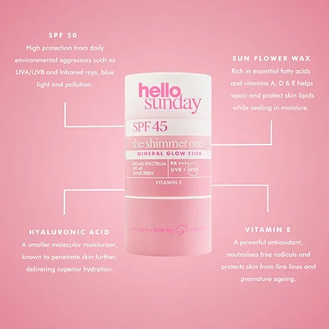 Image 3 - Image of a pink and white cylindrical container labeled hello sunday SPF 45 the shimmer one MINERAL GLOW STICK with descriptions of its ingredients including SPF 50, Sun Flower Wax, Hyaluronic Acid, and Vitamin E, alongside their benefits, on a soft pink background.