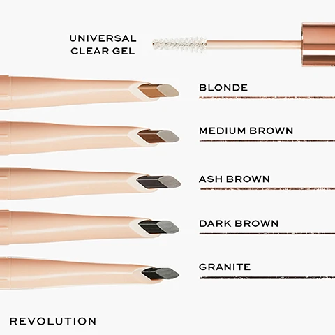 Image 1 - Image features several eyebrow gel applicators in varying shades, including Universal Clear Gel, Blonde, Medium Brown, Ash Brown, Dark Brown, and Granite, with the brand name Revolution displayed at the bottom.
Image 2 - Image showing a beauty product called Fluffy Brow Duo, featuring a clear gel wand on the left and an angled pencil tip on the right, with text describing the gel wax formula to lift and fluff brows and the unique angled, 1mm ultra-fine tip, along with the brand name Revolution.
Image 3 - Image of a beauty product labeled Fluffy Brow Duo with a pencil tip, showing the before-and-after effects on eyebrows. The visible text includes Unique angled, 1mm ultra-fine creamy pencil tip to create perfect hair like strokes, BEFORE, and AFTER.
Image 4 - A close-up image of a womans eye and brow with fluffy eyebrow product being applied, showing text that reads Fluffy Brow Duo and Infused with: Panthenol to hydrate and nurture, Peptides to strengthen hairs, Shea Butter to nourish and smooth hairs, and the brand name Revolution.