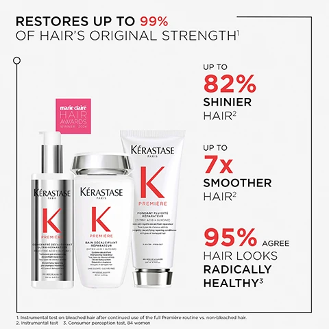 Image 1 - A promotional image for Kérastase hair products featuring three products in white and silver packaging with a text overlay stating Restores up to 99% of hairs original strength, Up to 82% shinier hair, Up to 7x smoother hair, and 95% agree hair looks radically healthy.
Image 2 - An image illustrating the Kérastase Première Professional Layering Technique, featuring three steps: step 1 shows a person applying pre-shampoo from a spray bottle to their hand, with text stating ACTIVATE REPAIR, Apply 5 pumps of pre-shampoo to damp hair. Do not rinse. step 2 depicts shampoo being squeezed onto a hand, with the text CLEANSE & REPAIR and After 5 mins layer the shampoo directly on top and lather then rinse. step 3 shows a person holding a conditioner tube, with the text CONDITION & REPAIR and Finish with conditioner, massage through lengths then rinse.
Image 3 - Image shows two test tubes side by side; the left tube contains a pink, bubbly liquid and has visible text stating 5% GLYCINE and REBUILD BROKEN BONDS BETWEEN KERATIN CHAINS TO REDUCE BREAKAGE, while the right tube contains a clear liquid with gray swirls and has visible text stating 3% PURE CITRIC ACID and ACTS ON INNER & OUTER HAIR LAYER TO NEUTRALISE DULLNESS AND STIFFNESS.
Image 4 - Image showing a comparison of hair types, with four sections displaying Before and After images of hair, labeled Suitable for all hair types and For all damage, accompanied by tips for hair care like Advance Repair, Strengthen, and Prevent Breakage.
Image 5 - An image of a dollop of white, creamy foam on a light background, accompanied by text that reads WHITE CREAMY TEXTURE, VOLUPTUOUS FOAM and PREMIÈRE DECALCIFYING REPAIRING SHAMPOO.
Image 6 - A smiling man with curly hair and a beard is wearing a suit jacket over a white shirt, accompanied by the text which states that damaged hair is the number one concern in the salon, and mentions an exclusive protocol for hair repair.
Image 7 - A man with a light beard and short hair wearing a white lab coat and black shirt is shown against a light gray background, alongside text that discusses hair damage in women caused by excessive calcium in rinsed water and mentions a product called Premiere that helps repair the hair.