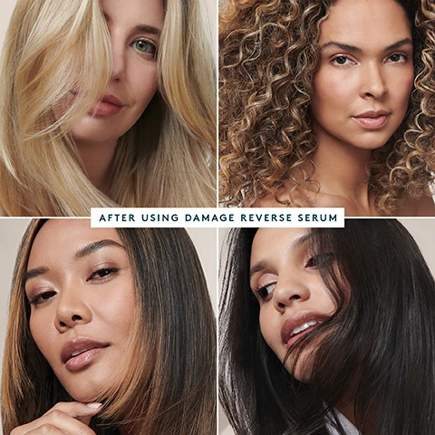 Image 1, after using damage reverse serum. image 2, hair strand before, same strand after 5 uses. in an independent clinial study, with continued use, damage reverse serum has shown consistent improvement in strand resilience to guard against future damage. image 3, 98% of split ends repaired instantly. in an independent clinical study with continued use, damage reverse serum has shown consistent improvement in strand resilience to guard against future damage. hair strand before and same strand after. image 4, 5, 6 and 7, before and after. image 8, damage reverse key claims. instantly repair forever protect. 98% of split ends repaired in one use. clinically proven cuticle to cortex hair repair. in an independent clinical study with continued use, damage reverse serum has shown consistent improvement in strand resilience to guard against future damage. hair strand before, same strand after 1 use, same strand after 5 uses. image 9, start with damage reverse serum = daily leave in treatment instantly repairs damage, protects for future harm. finish with healing oil = everyday hair enhancer hydrates and adds shine protects from UV damage. image 10, all virtue products are free of = sulfates, parabens, phthalates, synthetic colours and dyes, gluten free, cruelty free, vegan. image 11, when to apply = as the first step in your hair care routine before styling, daily or as needed. how to apply = 2-3 pumps on damp or dry hair from roots to ends. image 12, key ingredients. highest concentration of alpha keratin 60KU = patented, 100% hair identical protein clinically proven to repair and strengthen all textures. tremella mushroom - helps hydrate and retain moisture. solar protection complex = protects against againg, drying and colour depleting effects of UV exposure. image 13, what it is = daily leave in treatment. what it does = instantly repairs damage and protects hair from future harm. perfect for all hair types.