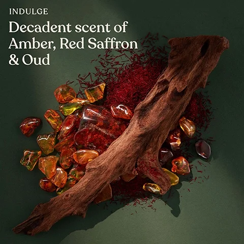 induldge, decadent scent of amber, red saffron and oud.