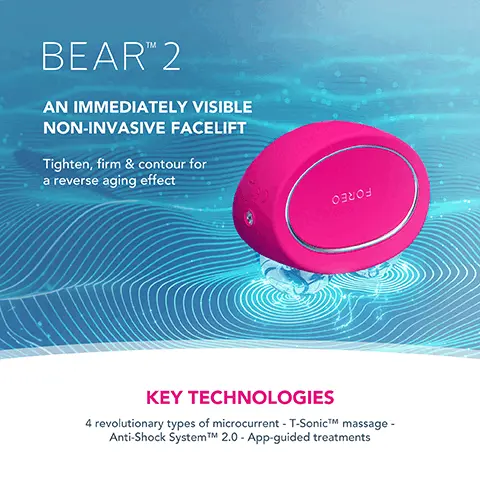 Image 1, BEAR 2 AN IMMEDIATELY VISIBLE NON-INVASIVE FACELIFT Tighten, firm & contour for a reverse aging effect Ознов KEY TECHNOLOGIES 4 revolutionary types of microcurrent - T-SonicTM massage- Anti-Shock SystemTMM 2.0 - App-guided treatments Image 2,  FOREO SUPERCHARGEDTM SERUM SÉRUM SERUM -2.0 - Firm, renew & replenish FOREO PERCHARGED SERUM SCRUM SERUM 2.0 30 Le KEY INGREDIENTS 5 kinds of HA - Squalane - Vitamin E - Ceramides - Amino Acids - Panthenol - Electrolytes Image 3,  REPLENISHING HYALURONIC ACID COMPLEX ANTIOXIDANT-RICH SQUALANE, CERAMIDES & VITAMIN E MOISTURIZING PANTHENOL + AMINO ACID (SERINE) CONDUCTIVE MOISTURIZING ELECTROLYTES Image 4,  MICROCURRENT FACIAL DEVICE REDUCE WRINKLES. IMPROVE FIRMNESS. REAL RESULTS IN 1 WEEK. *Based on 30-day clinical testing on 40 female subjects, aged 25 to 55. FORE A CRUM ERUN CRUN 20- cen Image 5,  CLINICAL RESULTS 95% of consumers reported younger skin & lifted cheekbones 93% of consumers reported brighter, healthier & plumper skin 93% of consumers reported less puffiness and sagging *Based on 30-day clinical testing on 40 female subjects, aged 25 to 55. Image 6,  AFTER BEFORE Clinically proven to significantly improve deep wrinkles & fine lines. Clinically proven to significantly improve skin firmness & elasticity. AFTER BEFORE