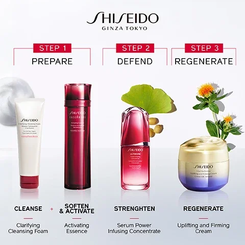 step 1 = prepare. cleanse with clarifying cleansing foam, soften and activate with activating essence. step 2 = defend. strengthen with serum power infusing concentrate. step 3 = regenerate with uplifting and firming cream.