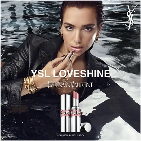 Image 1, YSL loveshine. new high shine lipstick. image 2, up to 24 hour hydration. fig pulp from YSL ourika community garden. 6 nourishing oils. consumer test on 65 women. image 3, YSL loveshine. image 4, comparison betwen YSL loveshine wet shine lipstick and YSL love shine candy glaze lip gloss stick. lipstick, texture = oil infused, shine = 3/5, color coverage = 3/5 medium buildable. lip gloss stick, texture = jelly, shine = 5/5, color coverage = 5/5 high