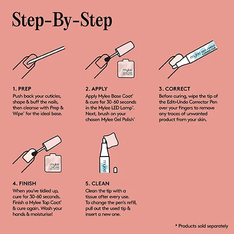 step by step 1.prep push back your cuticles shape and buff the nails, then cleanse with prep and wipe for the ideal base 2. apply apply mylee base coat and cure for 30-60 seconds in the mylee LED lamp next brush on your chosen mylee gel polish 3. correct before curing wipe the tip of the edit undo corrector pen over your fingers to remove any traces of unwanted product from your skin 4. finish when you've tidied up cure for 30-60 seconds finish a mylee top coat and cure again wash your hands and moisture. 5, clean clean the tip with a tissue after every use to change the pen's refill pull out the used tip and insert a new one