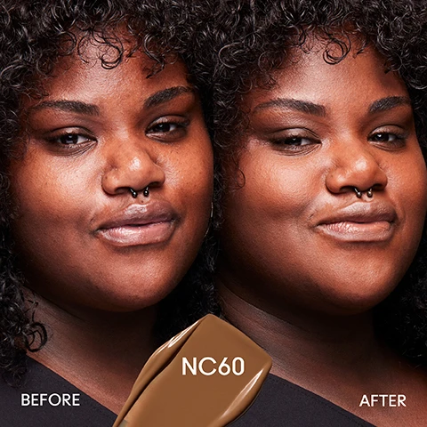 Image 1, before and after. image 2, swatches of 40 shades on 5 different skin tones. image 3, now with 87% skincare ingredients, including: sugar kelp extract to control oil. red algae extract and hyaluronic acid to hydrate skin. image 4, 98% said it blended easily onto skin. 96% said it left skin feeling breathable. 93% said it did not feel drying. consumer testing on 167 women after using product for one week.