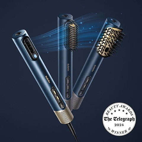 Image 1 - A collection of three styling tools in blue with gold accents, featuring a brush and different heads, emitting stylized blue lines representing airflow, with a circular award badge labeled Beauty Awards The Telegraph 2024 Winner.
Image 2 - A woman with shoulder-length hair is using a hair dryer on her damp hair while looking slightly to her right, with the word DRY displayed in the lower left corner.
Image 3 - A woman with medium-length curly hair holds a hair straightening tool, applying it to a section of her hair, with the text WET TO STRAIGHT prominently displayed at the bottom.
Image 4 - A woman with long, straight hair is using a hair styling tool to straighten a section of her hair while looking at the camera, with the text WET TO VOLUME visible in the lower left corner.
Image 5 - A sleek black device with light emanating in pink and blue waves, accompanied by the text 123Km/hr SUPER-FAST AIRSPEED.
Image 6 - An angled view of a hairbrush showing detangling and polishing bristles, with labels indicating their functions and a curved oval design for shape and volume.
Image 7 - Image of a hair styling tool featuring a handle and a head with ceramic straightening plates and detangling bristles, with visible text that reads Ceramic straightening plates and Detangling bristles.