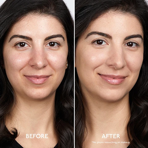 Image 1 - A split image shows a womans face before and after makeup application, with the left side labeled BEFORE and showing natural skin, and the right side labeled AFTER and showing smoother, more even skin with foundation, with the text *No photo retouching on makeup. Image 2 - Image shows six women demonstrating different medium foundation shades with corresponding color swatches and text labels: Medium, 3C Medium Light - Cool, 3N Medium Light - Neutral, 3W Medium Light - Warm, 4C Medium Cool, 4N Medium Neutral, 4W Medium Warm. Image 3 - Four arms with varying skin tones display foundation swatches, showing shades 1C, 1N, 1W, 2C, 2N, 2W, 3C, 3N, 3W, 4C, 4N, 4W, 5C, 5N, 5W, 6C, 6N, 6W, 7C, 7N, 7W, 8C, 8N, 8W. Image 4 - A By Terry Brightening CC Foundation bottle is displayed next to a list of key ingredients and three product badges, with visible text including Key Ingredients, FIRMING Japanese Rose Extract, BRIGHTENING Niacinamide, HYDRATING Shea Butter and Aloe Vera Complex, BY TERRY BRIGHTENING CC FOUNDATION, NATURALLY DERIVED 90% INGREDIENTS, VEGAN FORMULA, and CLEAN FORMULA. Image 5 - A bottle of By Terry Brightening CC Foundation stands against a background of swirling beige and brown cosmetic swatches, with accompanying text callouts and text on the bottle: SERUM-LIKE TEXTURE, SKIN IMPROVING FORMULA, MEDIUM COVERAGE, ANTI-AGEING, SMOOTH RADIANT FINISH, 90% NATURAL INGREDIENTS, BY TERRY BRIGHTENING CC FOUNDATION VOILE DE TEINT SÉRUM ÉCLAT SHEER GLOW TINTED SERUM. Image 6 - Close-up of the right half of a womans face with smooth skin against a light blue background, accompanied by text detailing survey results: 100% agree skin texture is SMOOTHED, 96% agree complexion is BRIGHTER AND RADIANT, 91% agree skin feels PLUMPED, 83% agree skin LOOKS YOUNGER. Image 7 - A By Terry Brightening CC Foundation bottle stands on a reflective surface surrounded by splashes of foundation liquid and a beige rose, against a light blue background, with the visible text 24h Hydration & Radiance, By Terry Brightening CC Foundation, Voile De Teint Sérum Éclat, Sheer Glow Tinted Serum.