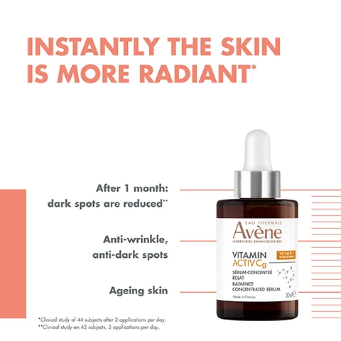 Image 1 - A serum bottle labeled Avene Vitamin ActivCg is shown with text stating Instantly the skin is more radiant, After 1 month: dark spots are reduced, Anti-wrinkle, anti-dark spots, and Ageing skin.
Image 2 - Image shows three skincare products from Avene in an organized layout indicating their functions: a brown serum labeled Boost Radiance, a cream labeled Illuminate, and an orange sunscreen labeled Protect, with visible text next to each product describing their names and purposes.
Image 3 - A bottle of Avène Vitamin Activ Cg serum with a dropper lid is displayed, and there are text labels next to it stating Evens Out, Illuminates, Smooths, and 94% Natural Origin Ingredients.
Image 4 - Image shows a swatch of creamy product alongside text detailing key ingredients, including 1.8% VITAMIN CG: Antioxidant. Equivalent to 20% Vitamin C* and NIACINAMIDE: Revitalises the skin and reduces the appearance of dark spots.