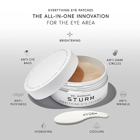 Image 2 - An open white jar of Dr. Barbara Sturm Everything Eye Patches, with an applicator spatula, is surrounded by text and icons detailing its benefits: EVERYTHING EYE PATCHES THE ALL-IN-ONE INNOVATION FOR THE EYE AREA, BRIGHTENING, ANTI-EYE BAGS, ANTI-DARK CIRCLES, ANTI-PUFFINESS, ANTI-WRINKLE, HYDRATING, and COOLING, with the jar also displaying DR. BARBARA STURM EVERYTHING EYE PATCHES and the spatula reading DR. BARBARA STURM. Image 3 - An open white jar of Dr. Barbara Sturm Everything Eye Patches with peach-colored hydrogel patches inside and its lid slightly ajar displaying text, is shown beside a list detailing five key ingredients with their benefits, with all visible text reading Everything Eye Patches Key Ingredients, Avocado Polyphenols Reduce Dark Circles, Puffiness and Under-Eye Bags, Triple Hyaluronic Acid Delivers Intensive Hydration and Has an Immediate Plumping Effect, Vegan Collagen Strengthens Skin Elasticity and Has a Powerful Anti-Aging Effect, Skin Identical Ceramides Reinforce Skin Barrier Strength and Protect Against Transepidermal Water Loss, Panthenol Boosts Hydration and Smooths Skin Texture, Dr. Barbara Sturm Everything Eye Patches, and Anti-Puffiness Anti-Dark Circles Anti-Eye Bags Cooling Anti-Wrinkle. Image 4 - A four-step eyecare routine displayed on a white background, featuring a white bottle, a jar with two eye patches, a frosted dropper bottle, and two white jars of eye cream, with visible text including EYECAR ROUTINE, Step 1 Make-Up Remover, Dr. Barbara Sturm Molecular Cosmetics Make-Up Remover Made in Germany, Step 2 Everything Eye Patches, Dr. Barbara Sturm Everything Eye Patches, Step 3 Super Anti-Aging Eye Serum, Dr. Barbara Sturm Molecular Cosmetics Super Anti-Aging Eye Serum Made in Germany, Step 4 Eye Cream OR Super Anti-Aging Eye Cream, Dr. Barbara Sturm Eye Cream, and Dr. Barbara Sturm Super Anti-Aging Eye Cream. Image 5 - An infographic illustrating four steps for applying eye patches, showing a hand removing a patch from a jar, two diagrams for patch placement targeting fine lines or dark circles, a face with patches and a 15-20 minute timer, and a finger patting the under-eye area, with the accompanying text How to Apply Everything Eye Patches, Step 1: Remove with the spatula. Apply with fingers to cleansed skin. For fine lines and wrinkles. For eye bags and dark circles. Step 2: The patches can be applied in two ways. 15-20 min. Step 3: Wait 15-20 minutes and then remove. Step 4: Gently pat the excess concentrate into the skin. Dispose of patches after use.