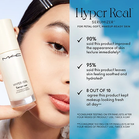 image 1, hyper real serumiser. for petal-soft makeup ready skin. 90% said this product improved the appearance of skin texture immediately. 95% said this product leaves skin feeling soothed and hydrated. 8 out of 10 agree this product kept makeup looking fresh all day. consumer testing on 179 panelists after four weeks of product use, twice a day. consumer testing on 179 panellists after 4 weeks of product use, twice a day. image 2, japanese peony extract - resilient and rare. 4% niacinamide - refines skin. 12% hyaluronic acid solution - hydrates and plumps. ceramides - restores skin barrier strength.