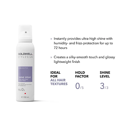 Image 1, instantly provides ultra high shine with humidity and frizz proection for up to 72 hours. creates a silky smooth touch and glossy lightweight finish. ideal for all hair textures. hold factor 0/5. shine level 3/3. image 2, climate neutral product - product is CO2 compensated. vegan formula - no animal derived ingredients. material reduction - weight reduced cans - reduced usage of raw materials. plastic reduction due to smaller overcap. reuse and recycle - use of 50% PCR aluminium. product is CO2 compensated, climate neutral = often also called carbon neutral, describing the reduction and compensation of carbon emissions to zero, but scientifically climate neutral refers to all greenhouse gases, not only carbon dioxide.