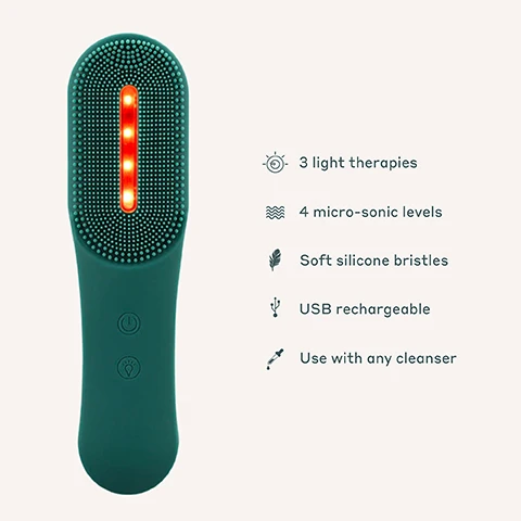 Image 1 - A green facial cleansing device with soft silicone bristles and red light indicators shows features including 3 light therapies, 4 micro-sonic levels, USB rechargeable, and use with any cleanser.
Image 2 - A smiling woman with a dark complexion is holding a soft, gray makeup removal cloth against her face; text on the right highlights product features including removes makeup with just water, for makeup removal, machine wash at 30, reusable, grab & hold microfibres, eco friendly, no smearing, and plastic free.
Image 3 - An illustration showing three types of LED lights for skin treatment: red LED with a description for reducing lines and wrinkles, yellow LED for enhancing radiance and glow, and blue LED for addressing blemishes and oiliness, along with the wavelengths for each type.
Image 4 - A stack of six light blue microfiber cloths is arranged on a marble surface, with text indicating they remove makeup with warm water, are machine washable, reusable thousands of times, and are plastic-free.
Image 5 - A smiling woman holds two round, textured pads over her eyes with her fingers, showcasing their use for removing makeup and emphasizing their eco-friendly properties, with text that reads Removes makeup with just warm water, Wash + reuse 1000s of times, Bamboo microfibre, Super soft, Ideal for sensitive skin, Machine washable at 30°C, Eco-friendly.
Image 6 - Image shows a side-by-side comparison of a surface represented in a dry state on the left with wavy lines and a wet state on the right featuring more fluid shapes and brownish circles; the text includes the words WIPE OUT and Microfibre Bamboo Swipes above, and DRY and WET labels beneath each section.