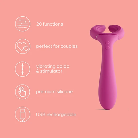 Image 1 - A purple vibrating device designed for couples, featuring a smooth body with two curved ends, accompanied by icons and text highlighting its 20 functions, suitability for couples, use as a vibrating dildo and stimulator, premium silicone material, and USB rechargeability.
Image 2 - A purple dual-ended toy designed for stimulation, placed against a pink background, with the text Up to 32 ways to play and Stimulates multiple erogenous zones whether playing solo or with a partner.
Image 3 - A pink vibrator with two curved ends is displayed against a light pink background, featuring text that reads 20 Functions 10 unique vibration patterns & intensities on each end to cater to every desire.
Image 4 - A pink USB rechargeable device with a curved design and a cord connected to a USB port, with the text USB rechargeable Dont let the pleasure stop, with easy USB recharging... above it.