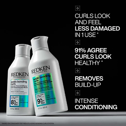 Image 1 - Two bottles of Redken hair product for curls are displayed against a dark background, with visible text highlighting benefits such as curls look and feel less damaged in one use, 91% agree curls look healthy, removes build-up, and intense conditioning.
Image 2 - A woman with wavy hair is shown from the back, divided into two sections labeled BEFORE on the left and AFTER on the right; the right side also features the text CURL TYPE 3A and ACIDIC BONDING CURLS SYSTEM.
Image 3 - A person with curly hair is shown from the back, with the left side labeled BEFORE appearing frizzier and the right side labeled AFTER displaying more defined curls, accompanied by the text ACIDIC BONDING CURLS SYSTEM and CURL TYPE 3B.
Image 4 - Image shows a comparison of hair before and after using the Acidic Bonding Curls System, with the left side labeled Before displaying loose, undefined curls and the right side labeled After showing tighter, well-defined curls, alongside text that reads CURL TYPE 4B.
Image 5 - Image shows various oils including coconut oil, shea butter, and avocado oil on a gray background, with text stating formulated with coconut oil, shea butter, and avocado oil to provide lasting nourishment and elasticity.
Image 6 - Three images illustrate a hair care routine: the first shows a person lathering shampoo into their scalp, the second features the person conditioning their hair, and the third depicts them applying a leave-in treatment; visible text includes 1 GENTLY CLEANSE, 2 CONDITION & HYDRATE, and 3 LEAVE-IN & PROTECT.
Image 7 - A visual guide showing different curl patterns labeled from 3A to 4C, with the text stating FOR CURL TYPES 3A - 4C IDEAL FOR DAMAGED CURLS AND COILS.
Image 8 - Image shows three bottles of Redken hair care products against a light background, with a five-star rating and a review stating that the products left hair stronger, soft, and manageable while keeping curls looking bouncy and curly; text at the bottom notes the product was received from Marie Claire Beauty Drawer, Aug 2024.Image 10 - A set of Redken hair care products is displayed, including a shampoo bottle and a treatment tube, with a dropper next to them, and instructional text above reading PRO TIP IF YOU ARE WORKING WITH THICK VOLUMINOUS CURLS, DIVIDE THE HAIR INTO SECTIONS. APPLY THE SHAMPOO DIRECTLY TO THE SCALP BEFORE ADDING WATER TO ENSURE THAT THE SCALP IS ALSO RECEIVING ALL THE BENEFITS FROM THE FORMULA. @CLAIR__ PROFESSIONAL HAIRDRESSER & REDKEN ADVOCATE.
Image 11 - Image shows three bottles of Redken hair care products on a light blue background, labeled REBUILD BROKEN INNER BONDS + ENHANCE CURL PATTERN, with the first bottle labeled 9, the second 8, and the third 16, indicating their use as CLEANSE, CONDITION, and LEAVE-IN & PROTECT.
Image 12 - Image of a shampoo product featuring text that says SILICONE-FREE FOR CURLS THAT FEEL HYDRATED WITHOUT THE WEIGHT and SULFATE-FREE FOR A GENTLE CLEANSE with a background of bubbly liquid.