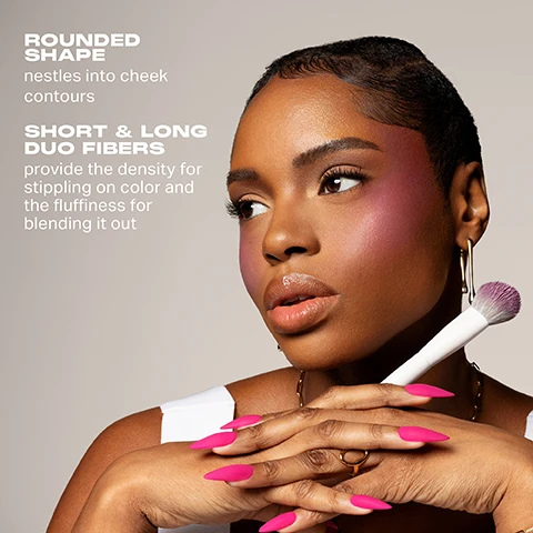 image 1, rounded shape nestles into cheek contours. short and long duo fibers provide the density for stippling on colour and the fluffiness for blending it out. image 2, M201 - rounded cream and liquid blush brush. brush density = dense. use with = creams and liquids. desgined for = sweeping, stippling and diffusing. application tip = place the rounded edges just below the cheekbones and sweep upwards to evenly diffuse colour.