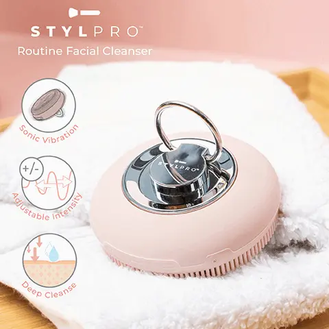 stylpro routine facial cleanser, sonic vibration, adjustable intensity, deep cleanse. Silicone, soft, hygenic & gentle on skin. Sonic vibration deep cleans & stimulates blood circulation. Adjustable intensity settings. Deep cleanse thorough removal of makeup & impurities.