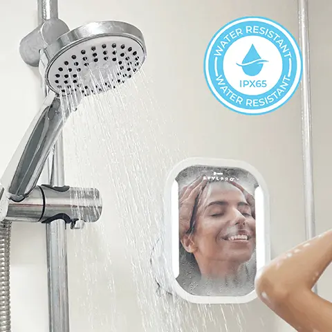 Water resistant IPX65. How to install. Make sure surface is clean, flat & smooth. Suction onto wall. Twist 45 degrees clockwise & lock. With 2 hands push onto wall mount until it clicks.