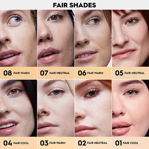 image 1, fair shades. 08 = fair warm. 07 = fair neutral. 06 = fair warm. 05 = fair neutral. 04 = fair cool. 03 = fair warm. 02 = fair neutral. 01 = fair cool. image 2, light shades. 16 = light medium cool. 15 = light medium watm. 14 = light medium golden. 13 = light medium cool olive. 12 = light neutral. 11 = light cool. 10 = light neutral. 09 = light cool. image 3, medium shades. 24 = medium neutral. 23 = medium neutral. 22 = medium neutral. 21 = medium neutral. 2- = medium olive. 19 = medium golden olive. 18 = medium neutral. 17 = medium warm. image 4, deep shades. 40 = deep cool. 39 = deep war,. 38 = deep neutral. 37 = deep neutral. 36 = deep warm. 35 = deep warm neutral. 34 = deep cool. 33 = deep neutral. image 5, without vs with. image 6, real skin finish foundation. 3% niacinamide serum. setting powder. image 7, works with your skin concerns. suitable for acne prone, texture, under eye circles, hyperpigmentation
