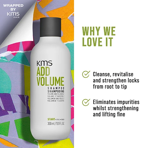 Image 1 - A bottle of KMS Add Volume Shampoo is shown against a colorful abstract background, featuring text that explains the benefits: cleanse, revitalise and strengthen locks from root to tip, and eliminates impurities whilst strengthening and lifting fine hair.
Image 2 - A bottle of KMS Add Volume leave-in conditioner is displayed against a colorful abstract background, with the text highlighting its benefits: delivers long-lasting, weightless volume, and makes hair stronger, thicker, and fuller-looking with a salon-worthy finish.
Image 3 - An image of a gray KMS Hair Stay anti-humidity styling spray bottle on a colorful background with visible text highlighting its features, including an advanced 72-hour weather-proof treatment to combat frizz and flyaways, an invisible umbrella for hair, and the benefit of adding weightless shine.
Image 4 - A colorful background featuring abstract shapes, with text boxes stating CONSERVE WATER and its description, ClimatePartner certified product, a QR code, OUR GIFT BOXES ARE CLIMATE PARTNER CERTIFIED. WITH EVERY PURCHASE A WIND FARM PROJECT IN SOUTH AFRICA IS SUPPORTED., FSC CERTIFIED GIFT BOXES and its description, along with WRAPPED BY KMS HAIR.