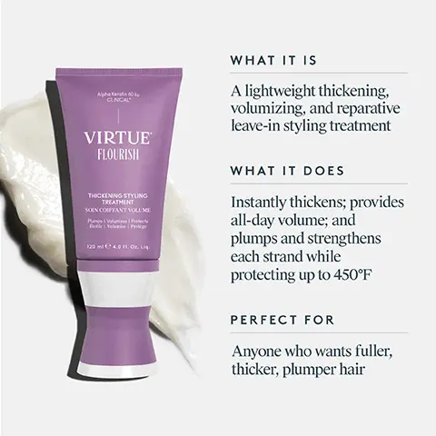 WHAT IT IS, A lightweight thickening, volumizing, and reparative leave-in styling treatment. WHAT IT DOES, Instantly thickens provides all-day volume, and plumps and strengthens each strand while protecting up to 450 degrees F. PERFECT FOR Anyone who wants fuller, thicker, plumper hair. Alpha Keratin 60ku Clinical A COMBINATION O ALPHA AND GAMMA KERATINS. Alpha Keratin, Protein nourishes the microbiome, repairs damage and reinforces hair strength. Gamma Keratin, Protein provides hair with elasticity and flexibility, helping reduce breakage and fall-out. FLOURISH THICKENING STYLING TREATMENT Key Claims, Clinically proven to immediately increase and maintain all-day volume. 88% said hair had all-day body. With continued use, hair looks fuller and plumper and feels thicker and stronger. Clinical instrumentation study of control vs. Thickening Styling Treatment. Consumer perception study of 50 women who used the product for 2 weeks. START WITH Density Booster A fast-absorbing treatment spray 100% botanical-based Stimulates and strengthens. FINISH WITH Thickening Styling Treatment, A weightless, soufle-like styling cream Immediately plumps each strand Delivers all-day volume. FLOURISH THICKENING STYLING TREATMENT, Key Ingredients, RICE AND SPECIALTY CORN STARCH, Plumps each strand and provides natural hold and added volume. MUSHROOM TREMELLA, Provides weightless plumping and hydration. LARCH WOOD EXTRACT, Helps plump and strengthen hair. HOW TO USE, Dispense a nickel-size amount into hands, rub together, and apply from roots to ends on damp or dry hair. Style as desired.
