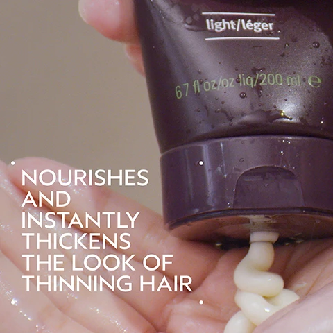 Image 2 - A hand squeezes a light-colored cream product from a dark purple tube into a wet palm, with visible text on the tube that reads light/léger, 6.7 fl oz/oz liq/200 mL e, and an overlay that says NOURISHES AND INSTANTLY THICKENS THE LOOK OF THINNING HAIR. Image 3 - A split image shows a womans face and hair, with the left side depicting her hair before a treatment appearing flatter, and the right side showing her hair after the treatment appearing fuller and more voluminous, with the text BEFORE, AFTER, Unwashed Hair, and Results with Invati ultra advanced™ exfoliating shampoo. light, thickening conditioner. light, scalp revitalizing serum, fortifying leave-in treatment and thickening foam. Image 4 - An image with a dark green background features a circular graphic showing a light green liquid with bubbles and a bright diagonal light streak, alongside the text BOTANICAL PLUMPING BLEND WITH AMLA and INSTANTLY THICKENS HAIR, INCREASING DIAMETER FROM ROOT TO TIP. (WHEN USED WITH LIGHT EXFOLIATING SHAMPOO). Image 5 - The image displays a four-step hair care routine on a dark green background, with circular photos illustrating each step and corresponding text: HOW TO USE 01 CLEANSE & CONDITION Invati Ultra Advanced™ Exfoliating Shampoo and Thickening Conditioner: Light 02 REVITALIZE Invati Ultra Advanced™ Revitalizing Scalp Serum 03 FORTIFY Invati Ultra Advanced™ Fortifying Leave-In Treatment 04 STYLE Invati Ultra Advanced™ Thickening Foam. Image 7 - Three white certification logos are displayed on a background of green tropical leaves and a red plant stem; the first logo shows a V surrounded by 100% VEGAN text repeated twice, the second is the Certified B Corporation logo with a B, and the third is the Cruelty Free INTERNATIONAL Leaping Bunny logo.