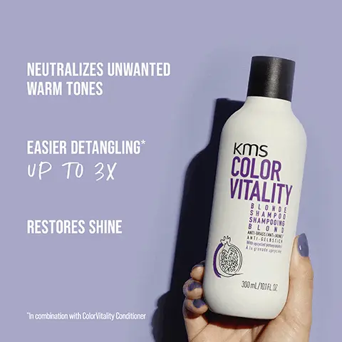NEUTRALIZES UNWANTED WARM TONES. EASIER DETANGLING* UP TO 3X. RESTORES SHINE.  *In combination with ColorVitality Conditioner. HIGHLY EFFECTIVE OUR FORMULAS WITH UPCYCLED POMEGRANATE, KNOWN TO BE RICH IN ANTIOXIDANTS, HELP TO FIGHT FREE RADICALS RESPONSIBLE FOR COLOR FADING. PETA APPROVED COMMITTED TO CRUELTY-FREE BEAUTY. VEGAN FORMULA NO ANIMAL-DERIVED INGREDIENTS. UPCYCLED NATURAL INGREDIENT. BEFORE. NOW. NEW IMPROVED FORMULA. UPCYCLED POMEGRANATE. UPCYCLED NATURAL INGREDIENT. POMEGRANATE. BEFORE. AFTER. ENDLESS POSSIBILITIES FOR YOUR HAIR. WEAR YOUR HAIR THE WAY YOU WANT.